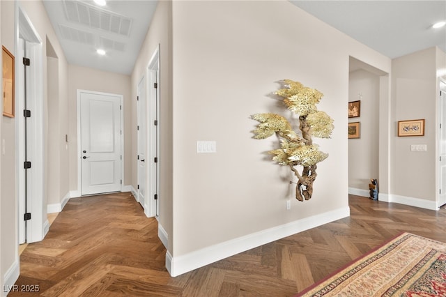 hallway featuring parquet flooring