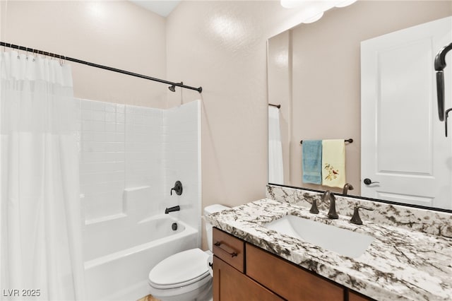 full bathroom featuring vanity, toilet, and shower / bathtub combination with curtain