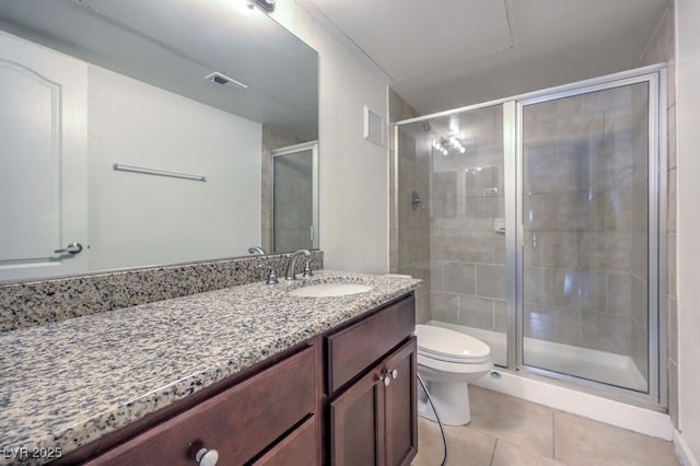 bathroom featuring tile patterned floors, vanity, toilet, and walk in shower