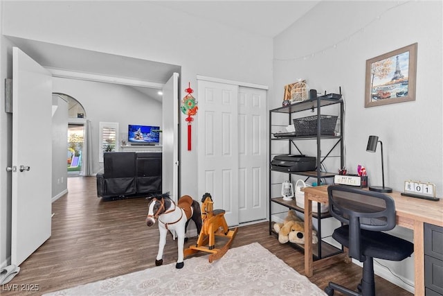 office with lofted ceiling and dark hardwood / wood-style flooring