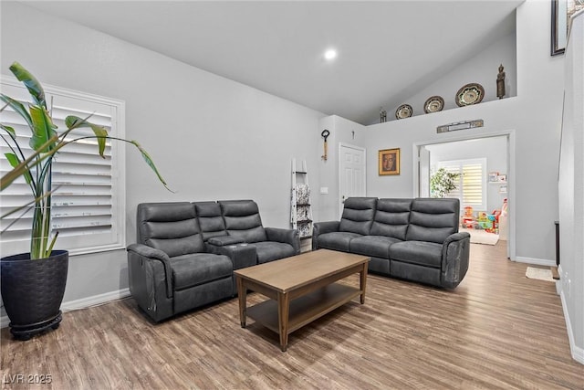 living room with hardwood / wood-style flooring and high vaulted ceiling