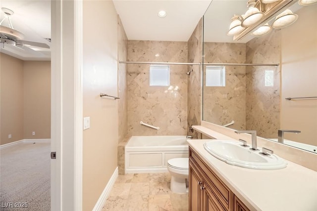 full bathroom with tiled shower / bath combo, toilet, and vanity