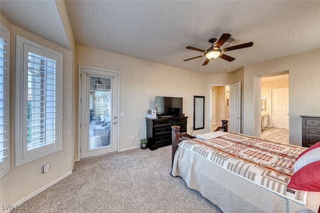 bedroom with access to exterior, light carpet, and ceiling fan