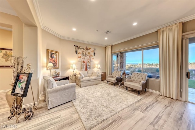 living room with ornamental molding