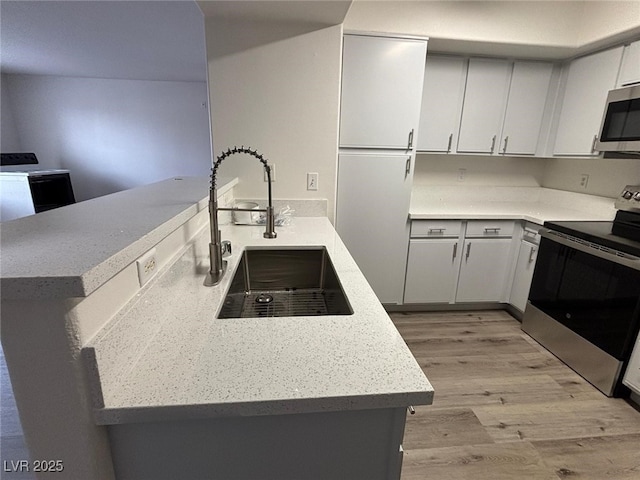 kitchen with sink, stainless steel appliances, light hardwood / wood-style flooring, kitchen peninsula, and white cabinets