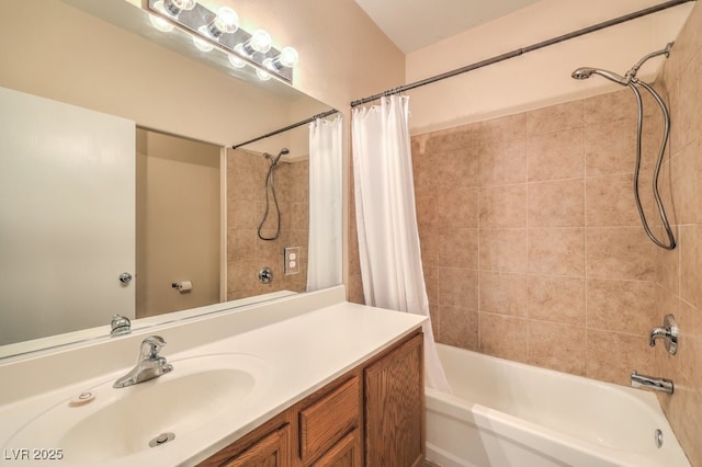 bathroom featuring vanity and shower / tub combo with curtain