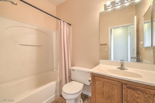 full bathroom with tile patterned floors, vanity, toilet, and shower / bathtub combination with curtain