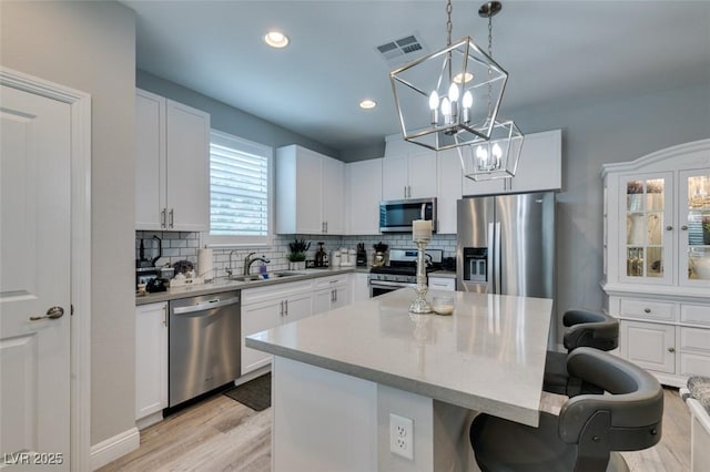 kitchen featuring appliances with stainless steel finishes, sink, white cabinetry, and an island with sink