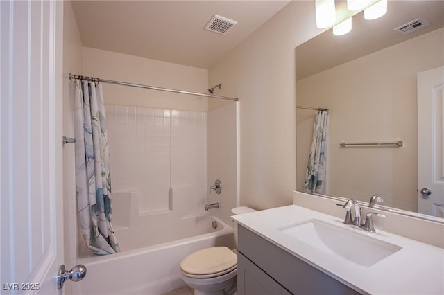 full bathroom featuring vanity, toilet, and shower / tub combo with curtain