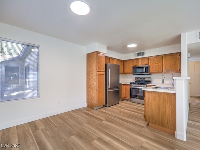 kitchen featuring kitchen peninsula, sink, light wood-type flooring, and stainless steel appliances