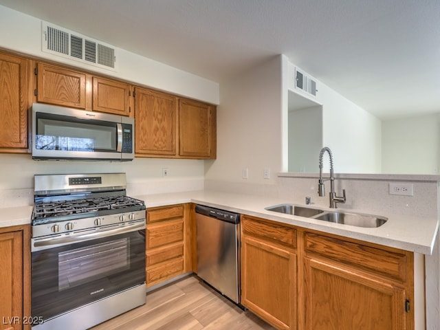 kitchen featuring kitchen peninsula, light wood-type flooring, stainless steel appliances, and sink