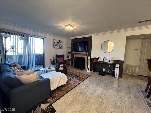 living room featuring ornamental molding