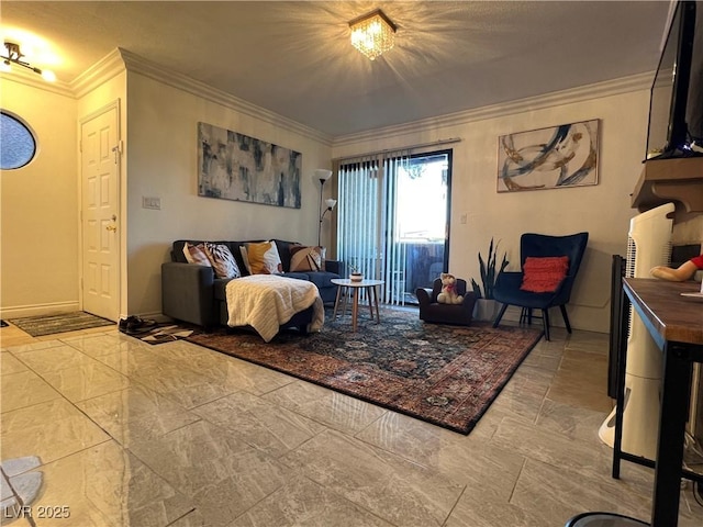 living room with crown molding