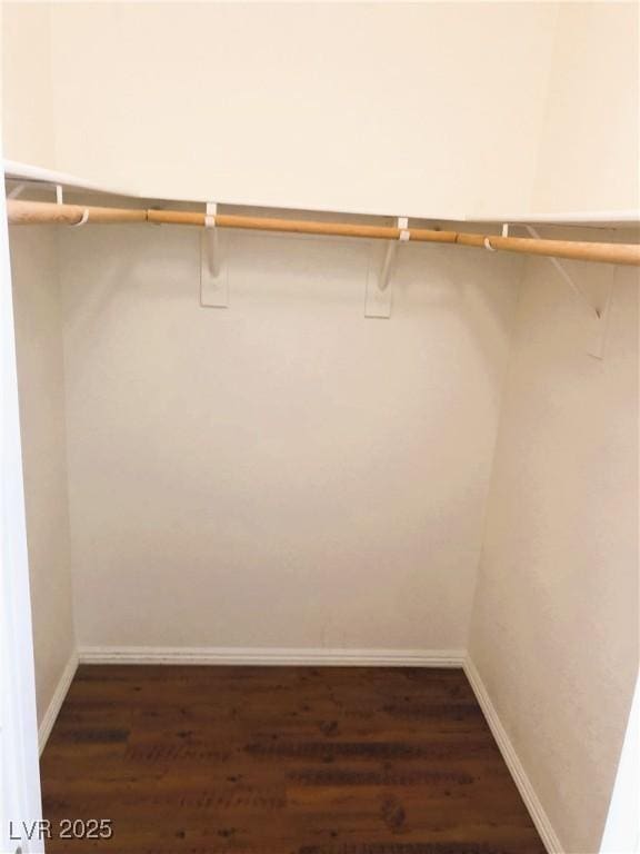 walk in closet with dark hardwood / wood-style flooring