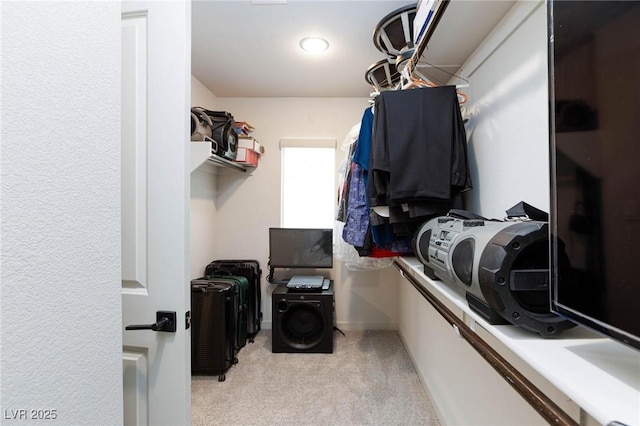 walk in closet with light carpet