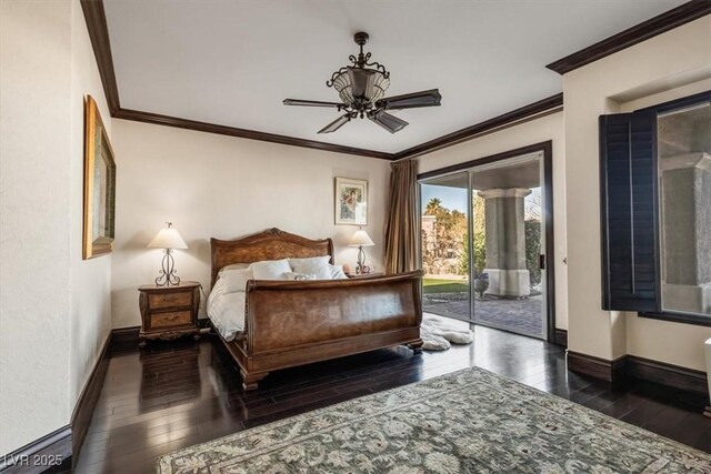 bedroom featuring access to outside, ceiling fan, crown molding, and dark hardwood / wood-style floors