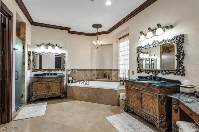 bathroom featuring vanity, separate shower and tub, crown molding, a chandelier, and tile patterned flooring