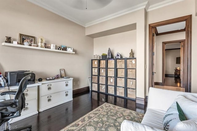 office space with dark hardwood / wood-style floors and ornamental molding