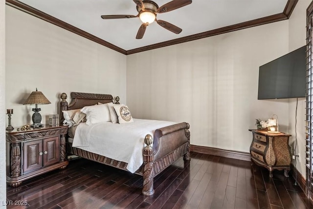 bedroom with ceiling fan and crown molding