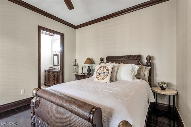 bedroom with ceiling fan and ornamental molding