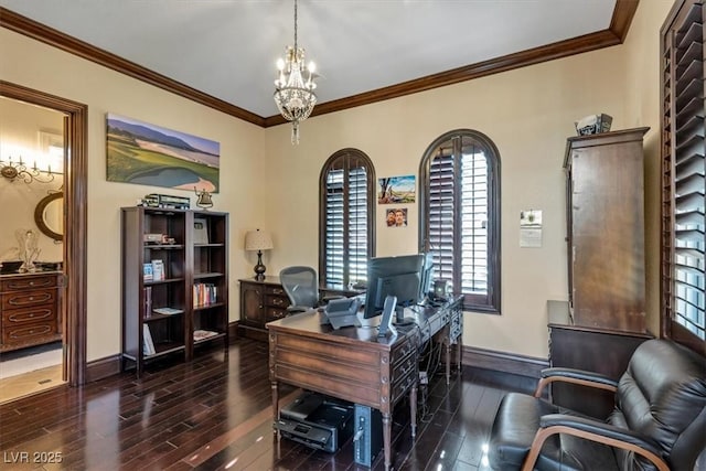 office area featuring dark hardwood / wood-style flooring, ornamental molding, and an inviting chandelier