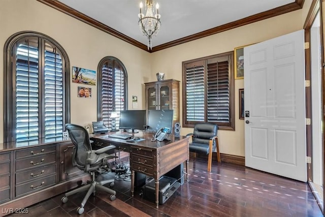 office with crown molding and an inviting chandelier