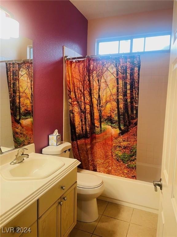 full bathroom with tile patterned flooring, shower / bath combo, vanity, and toilet