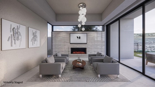 interior space with a water view and a tile fireplace