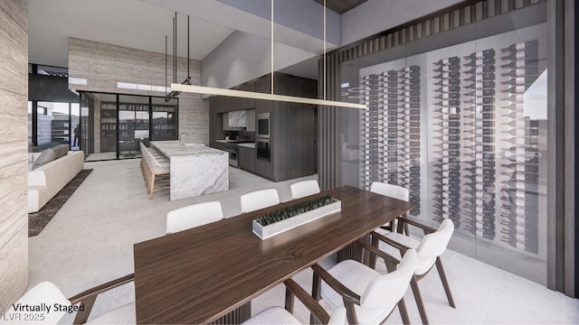 tiled dining area with a high ceiling