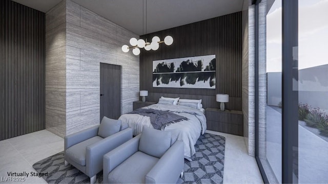 bedroom featuring wooden walls