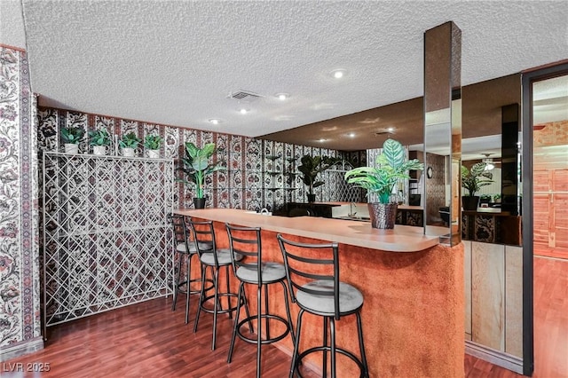 bar with dark hardwood / wood-style flooring and a textured ceiling