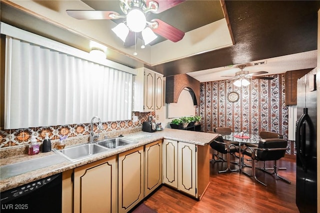 kitchen with dishwasher, sink, dark hardwood / wood-style flooring, kitchen peninsula, and fridge with ice dispenser