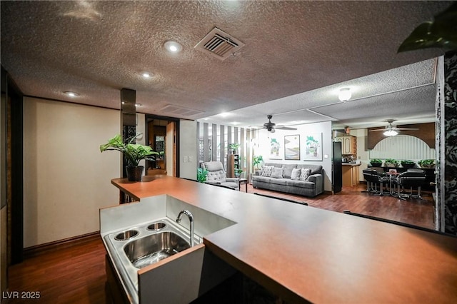 kitchen with dark hardwood / wood-style flooring, a textured ceiling, and sink