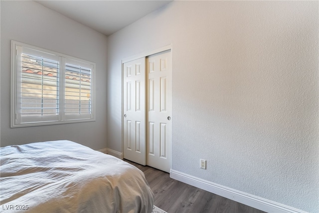 bedroom featuring wood-type flooring and a closet