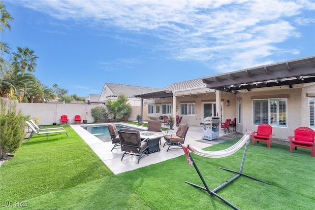 rear view of property featuring a pergola, a fenced in pool, a fire pit, and a lawn