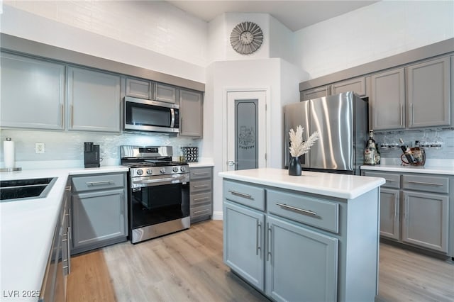 kitchen with backsplash, sink, light hardwood / wood-style flooring, gray cabinets, and stainless steel appliances