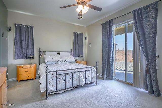 bedroom featuring access to outside, ceiling fan, and light carpet