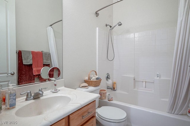 full bathroom with shower / bathtub combination with curtain, vanity, and toilet