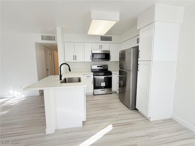 kitchen featuring sink, light hardwood / wood-style flooring, kitchen peninsula, white cabinets, and appliances with stainless steel finishes