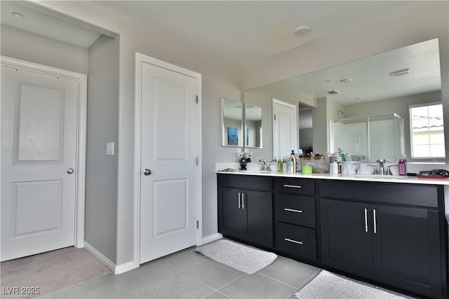 bathroom with tile patterned flooring, vanity, and a shower with shower door