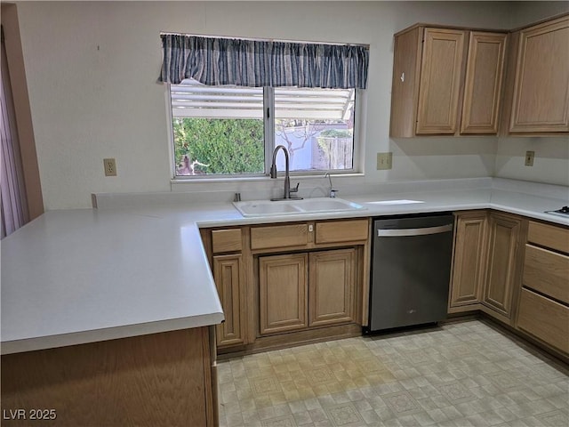 kitchen featuring kitchen peninsula, stainless steel dishwasher, and sink