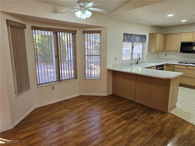 kitchen featuring dark hardwood / wood-style flooring, kitchen peninsula, sink, and light brown cabinetry