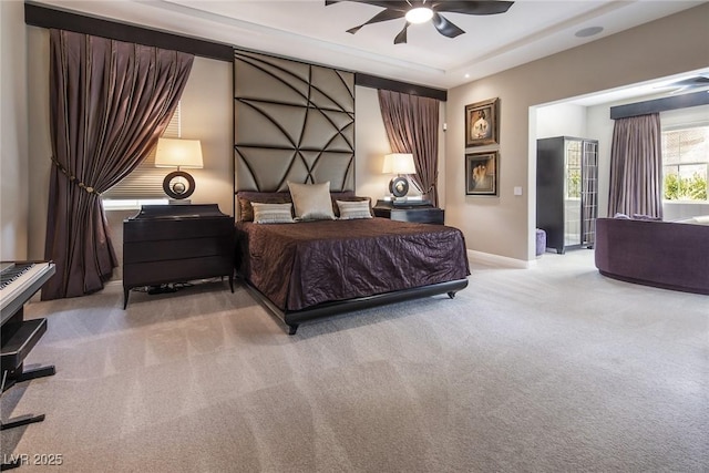 carpeted bedroom with access to exterior and ceiling fan