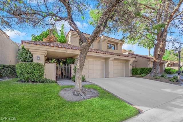 mediterranean / spanish-style house with a front yard and a garage