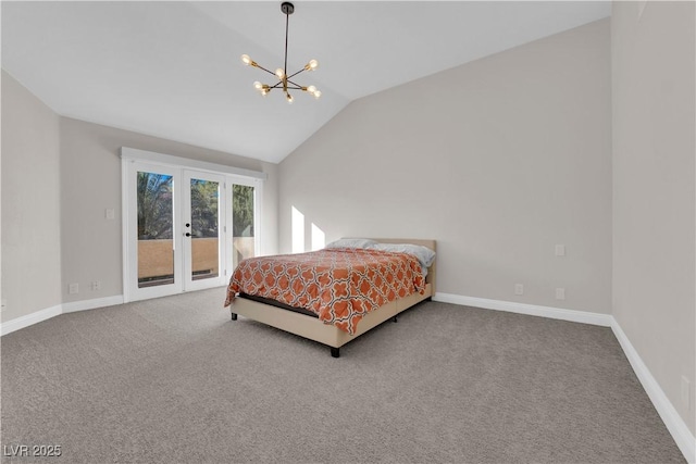 bedroom with access to outside, carpet, vaulted ceiling, and a notable chandelier