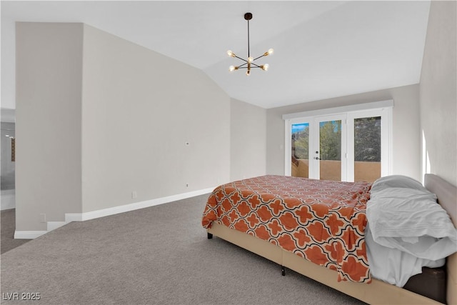 bedroom featuring carpet flooring, access to exterior, lofted ceiling, and a notable chandelier