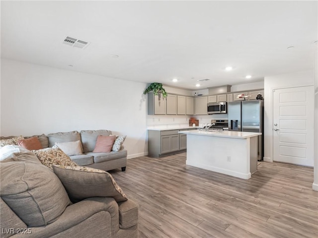 kitchen featuring a kitchen island with sink, sink, gray cabinets, light wood-type flooring, and stainless steel appliances