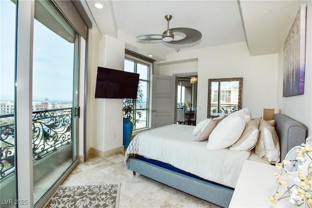 bedroom with ceiling fan, access to outside, and multiple windows