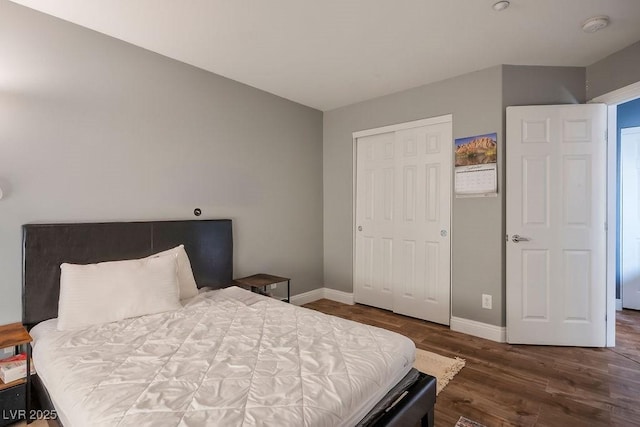 bedroom featuring dark hardwood / wood-style flooring and a closet