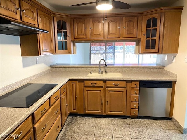 kitchen with dishwasher, sink, ceiling fan, black electric cooktop, and extractor fan